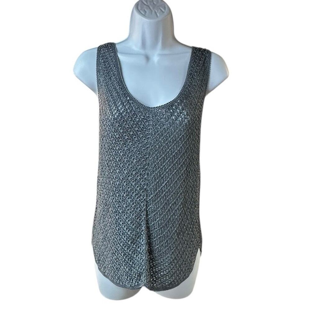 Cache Y2K Metallic Crochet Tank Top Silver Open Knit Size Large